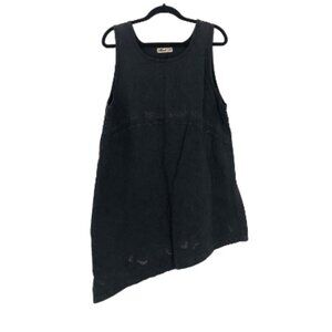 BLUE FISH Clothing Hemp Cotton Jumper Dress Apron Pinafore Hand Printed Black